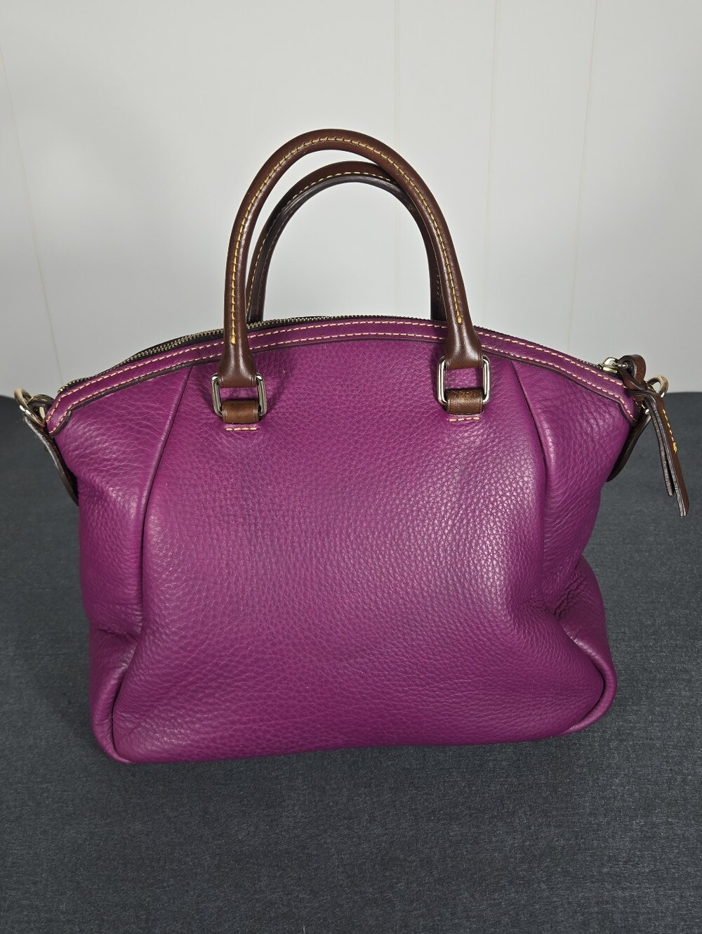 Dooney & Bourke Samba Magenta Pebble Leather Satchel with Brown Trim - Picture 6 of 15